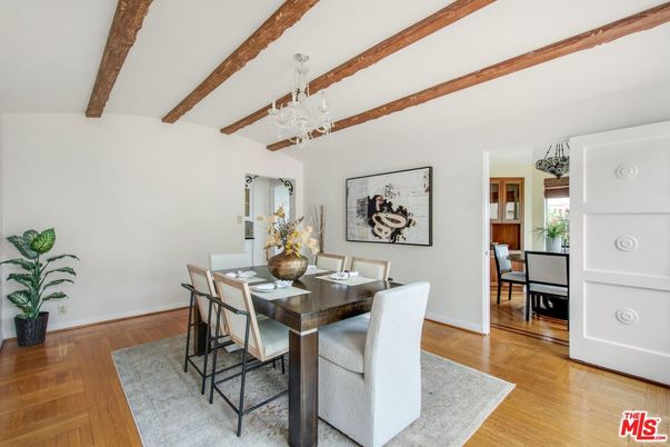 Chandelier, Dining room, Interior, Wooden Beams, Wood Texture Flooring