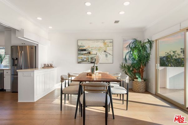 Dining room, Interior, Kitchen, Recessed Lighting, Stainless Steel Appliances, Wood Texture Flooring