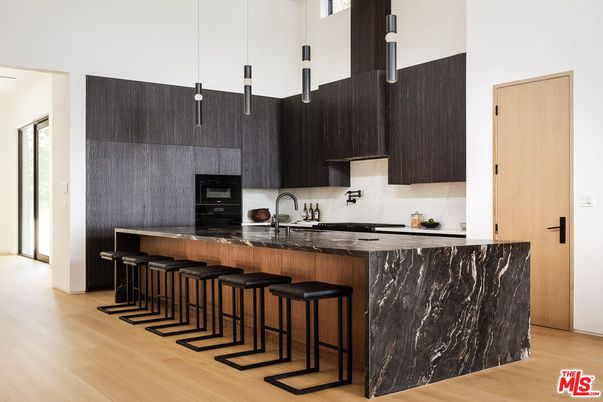 Interior, Kitchen, Marble Walls, Pendant Lights, Wood Texture Flooring