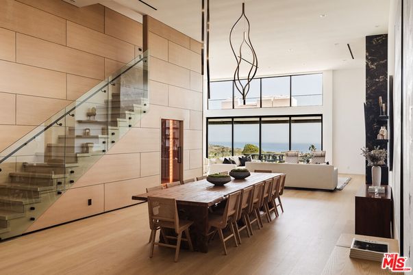 Dining room, Interior, Living room, Recessed Lighting, Water, Wood Texture Flooring