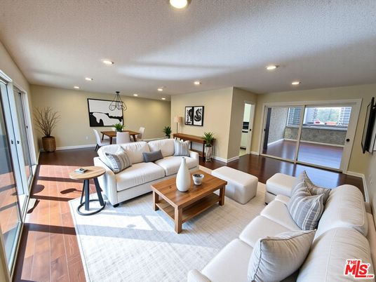 Dining room, Interior, Living room, Recessed Lighting, Wood Texture Flooring