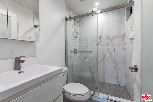 Bathroom, Glass Shower, Interior, Marble Walls, Recessed Lighting