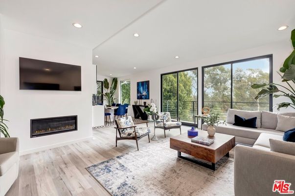 Fireplace, Interior, Living room, Recessed Lighting, Wood Texture Flooring
