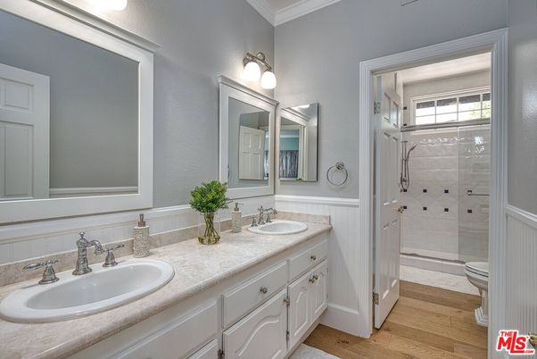 Bathroom, Dual Sink Vanities, Glass Shower, Interior, Wood Texture Flooring
