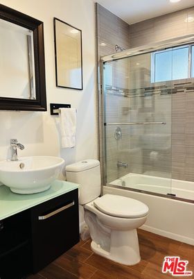 Bathroom, Glass Shower, Interior, Recessed Lighting, Wood Texture Flooring