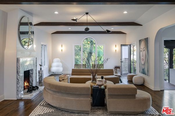 Fireplace, Interior, Living room, Pendant Lights, Recessed Lighting, Wooden Beams, Wood Texture Flooring