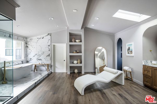 Bathroom, Free Standing Baths, Interior, Marble, Marble Walls, Recessed Lighting, Wood Texture Flooring