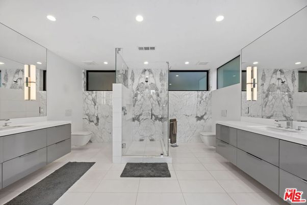 Bathroom, Dual Sink Vanities, Glass Shower, Interior, Marble Walls, Recessed Lighting