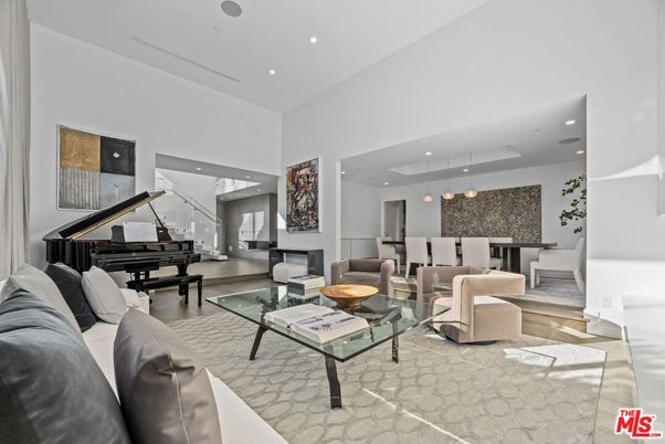 Dining room, Interior, Living room, Pendant Lights, Piano, Recessed Lighting, Wood Texture Flooring