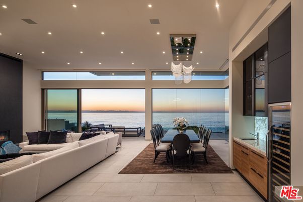 Dining room, Fireplace, Interior, Living room, Recessed Lighting, Water