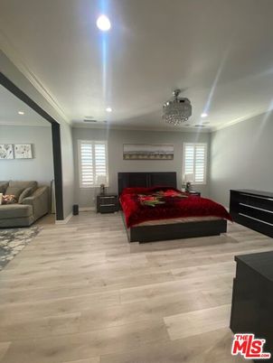 Bedroom, Chandelier, Interior, Recessed Lighting, Wood Texture Flooring