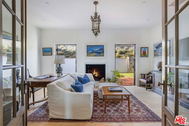 Chandelier, Fireplace, Home Office, Interior, Living room, Pendant Lights, Wood Texture Flooring