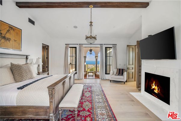 Bedroom, Fireplace, Interior, Pendant Lights, Water, Wooden Beams, Wood Texture Flooring