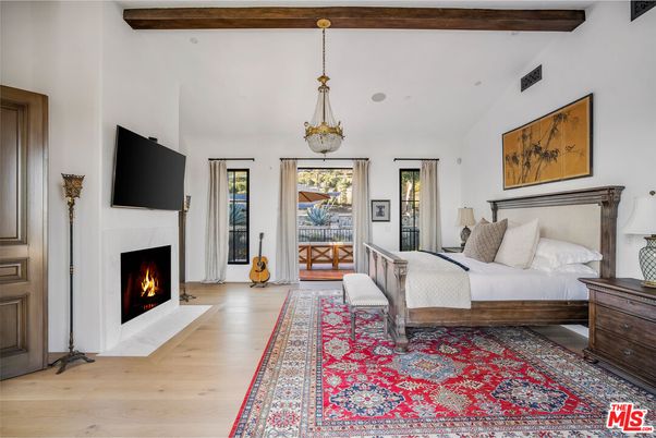 Bedroom, Fireplace, Interior, Pendant Lights, Wooden Beams, Wood Texture Flooring
