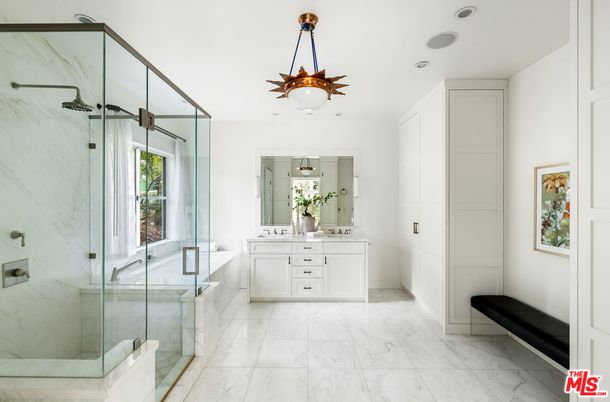 Bathroom, Dual Sink Vanities, Glass Shower, Interior, Marble, Marble Walls, Recessed Lighting