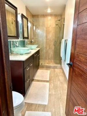 Bathroom, Glass Shower, Interior, Recessed Lighting, Wood Texture Flooring