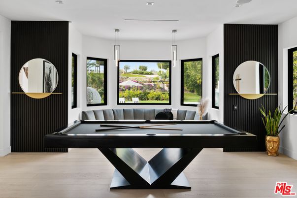 Billiard Table, Game Room, Interior, Pendant Lights, Recessed Lighting, Wood Texture Flooring