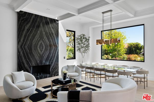 Dining room, Fireplace, Interior, Living room, Pendant Lights, Wood Texture Flooring