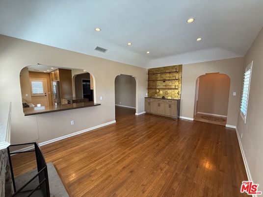 Empty room, Interior, Kitchen, Recessed Lighting, Wood Texture Flooring