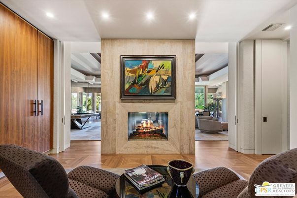 Fireplace, Interior, Living room, Recessed Lighting, Wood Texture Flooring, Wooden Walls