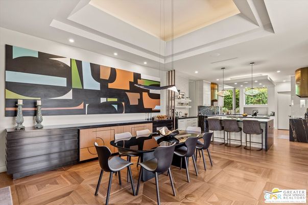 Dining room, Interior, Kitchen, Pendant Lights, Recessed Lighting, Wood Texture Flooring