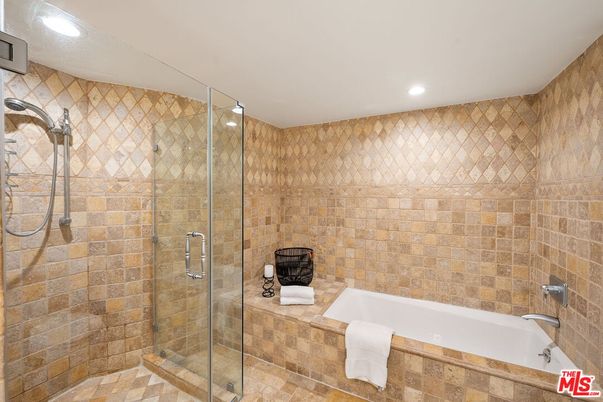 Bathroom, Glass Shower, Interior, Recessed Lighting, Stone Walls