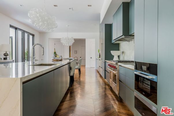 Chandelier, Interior, Kitchen, Pendant Lights, Recessed Lighting, Stainless Steel Appliances, Wood Texture Flooring