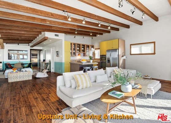 Interior, Kitchen, Living room, Pendant Lights, Recessed Lighting, Stainless Steel Appliances, Wooden Beams, Wood Texture Flooring
