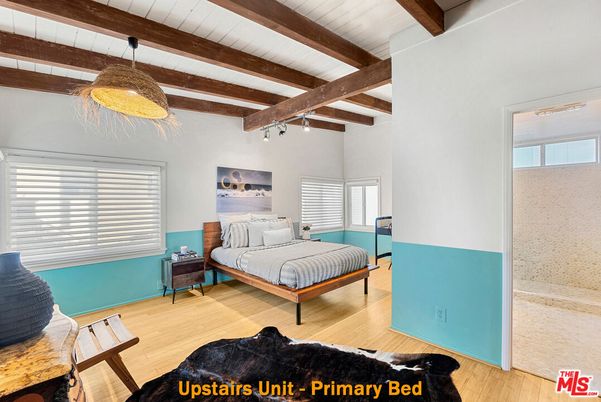 Bedroom, Interior, Pendant Lights, Wooden Beams, Wood Texture Flooring