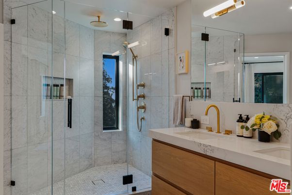 Bathroom, Dual Sink Vanities, Glass Shower, Interior, Marble Walls, Recessed Lighting