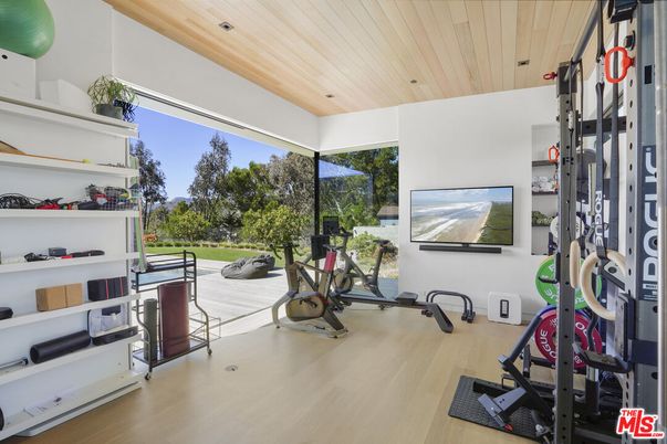 Fitness Equipment, Interior, Recessed Lighting, Wooden Ceilings, Wood Texture Flooring