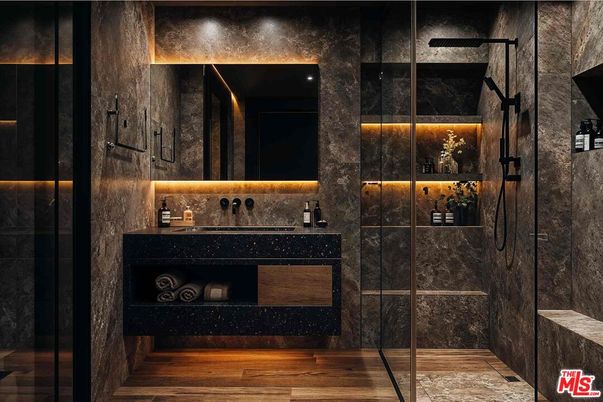 Bathroom, Glass Shower, Interior, Wood Texture Flooring