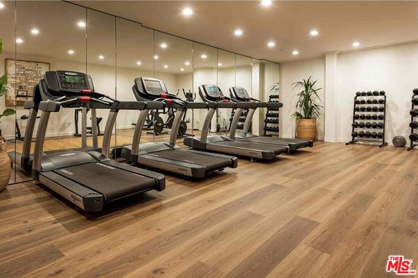 Fitness Equipment, Gym, Interior, Recessed Lighting, Wood Texture Flooring