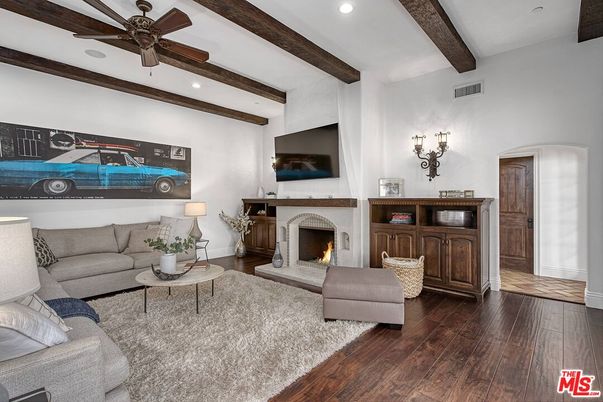 Fireplace, Interior, Living room, Recessed Lighting, Wooden Beams, Wood Texture Flooring