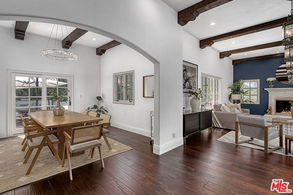 Dining room, Fireplace, Interior, Living room, Pendant Lights, Recessed Lighting, Wooden Beams, Wood Texture Flooring