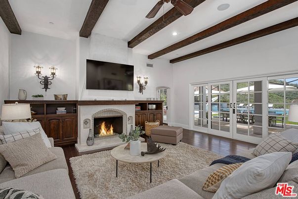 Fireplace, Interior, Living room, Recessed Lighting, Wooden Beams, Wood Texture Flooring