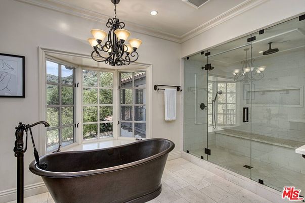 Bathroom, Chandelier, Free Standing Baths, Glass Shower, Interior, Recessed Lighting