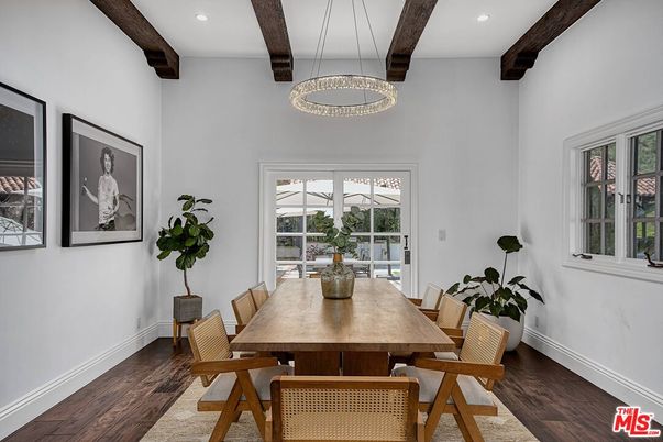 Dining room, Interior, Pendant Lights, Recessed Lighting, Wooden Beams, Wood Texture Flooring