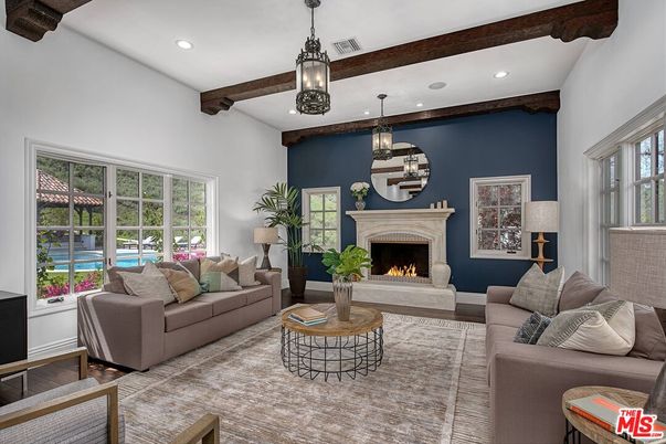 Fireplace, Interior, Living room, Pendant Lights, Recessed Lighting, Wooden Beams, Wood Texture Flooring
