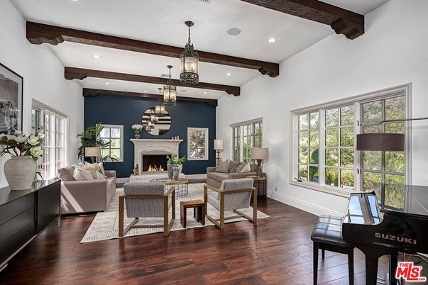 Fireplace, Interior, Living room, Pendant Lights, Recessed Lighting, Wooden Beams, Wood Texture Flooring