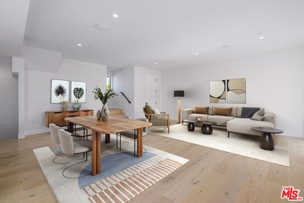 Dining room, Interior, Living room, Recessed Lighting, Wood Texture Flooring