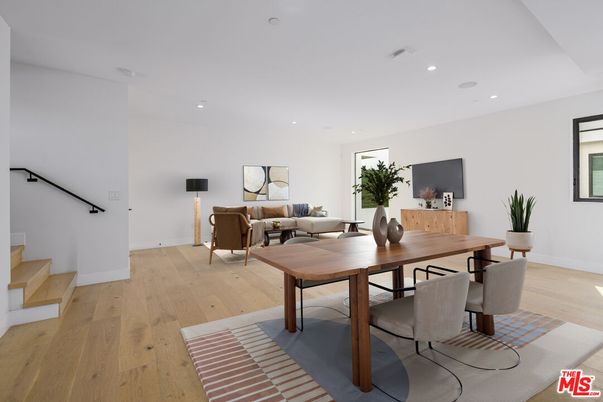 Dining room, Interior, Living room, Recessed Lighting, Wood Texture Flooring
