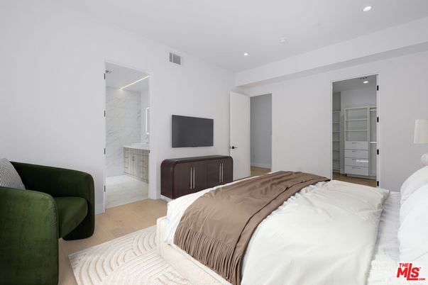 Bedroom, Interior, Marble Walls, Recessed Lighting, Wood Texture Flooring
