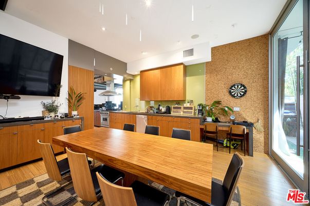 Dining room, Interior, Kitchen, Recessed Lighting, Stainless Steel Appliances, Wood Texture Flooring