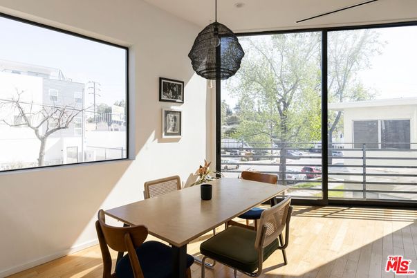 Dining room, Interior, Pendant Lights, Wood Texture Flooring