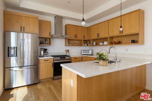 Interior, Kitchen, Pendant Lights, Stainless Steel Appliances, Wood Texture Flooring