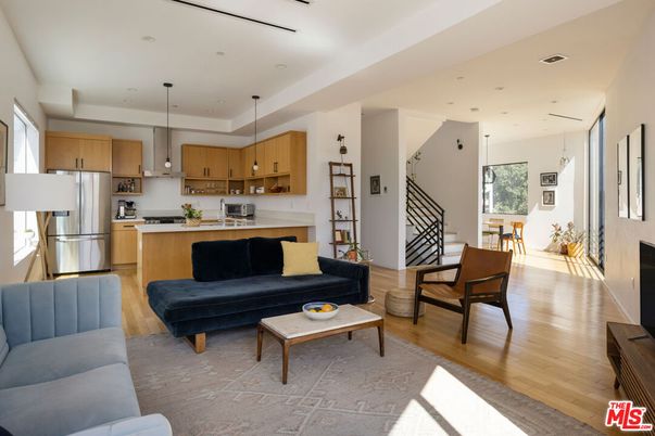 Dining room, Interior, Kitchen, Living room, Pendant Lights, Recessed Lighting, Stainless Steel Appliances, Wood Texture Flooring