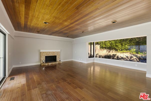 Empty room, Fireplace, Interior, Recessed Lighting, Wooden Ceilings, Wood Texture Flooring