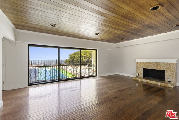 Empty room, Fireplace, Interior, Recessed Lighting, Wooden Ceilings, Wood Texture Flooring
