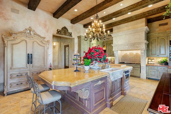 Chandelier, Interior, Kitchen, Recessed Lighting, Stainless Steel Appliances, Wooden Beams